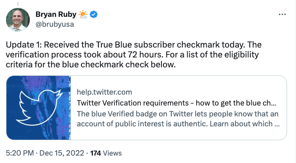 A tweet from Bryan Ruby declaring he received the blue checkmark.
