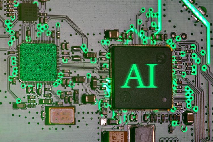 A glowing AI chip on a circuit board.