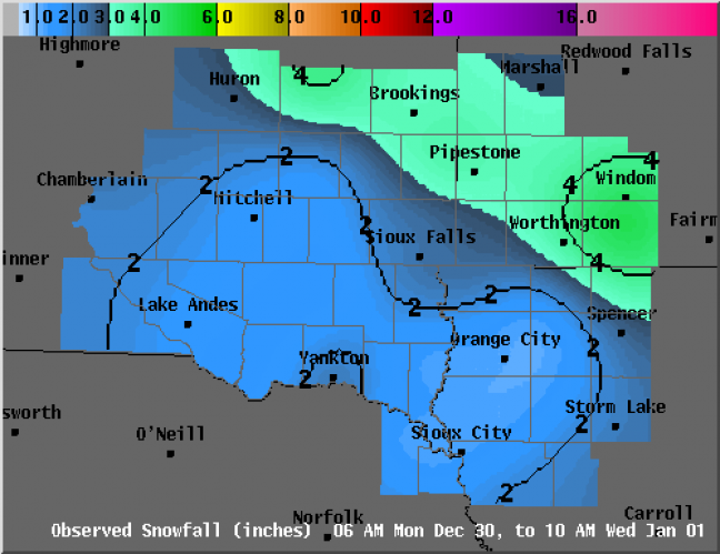 Observed snowfall for April 25, 2008