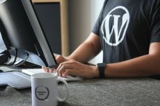 man wearing a WordPress t-shirt works on a computer at a desk